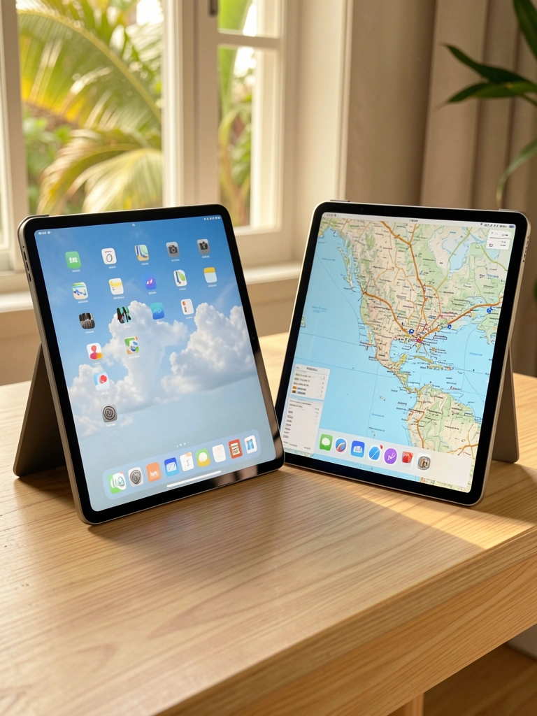 Dois iPads em mesa de madeira clara, um com tela de céu azul e outro com mapa detalhado, luz natural suave.