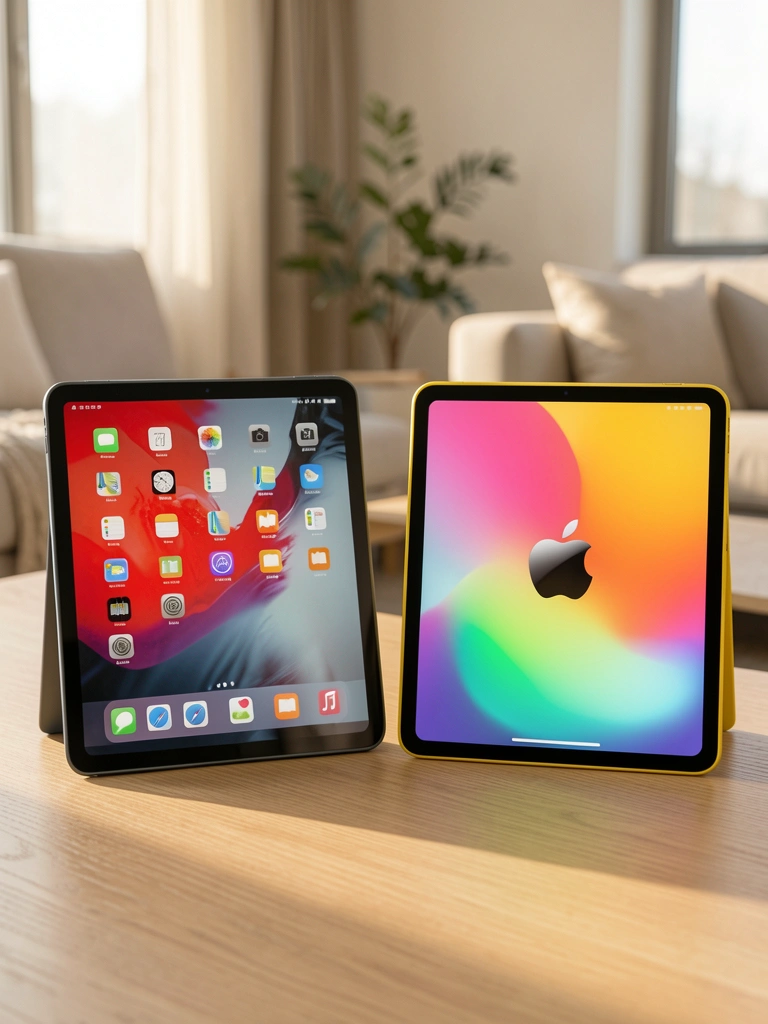 Dois iPads lado a lado: um prata com tela vibrante de apps e widgets, outro amarelo com gradiente e logo da Apple, luz natural e fundo de sala minimalista.