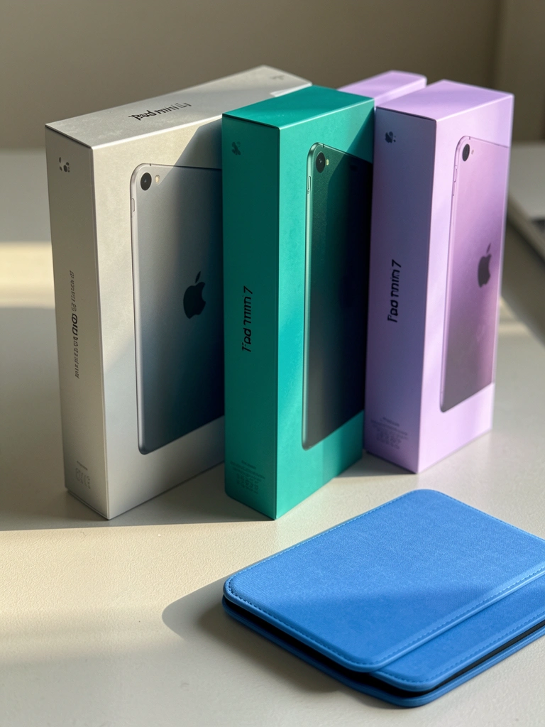 Luz natural incide sobre três caixas de iPad mini 7 nas cores prata, azul-petróleo e lavanda, sobre superfície cinza-claro, com teclado azul dobrado à frente.