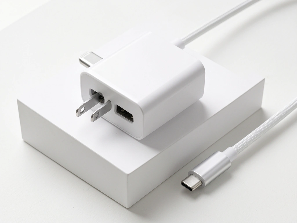 Adaptador branco com dois cabos USB-C de textura trançada e conectores prateados, sobre bloco retangular, sob luz natural difusa.