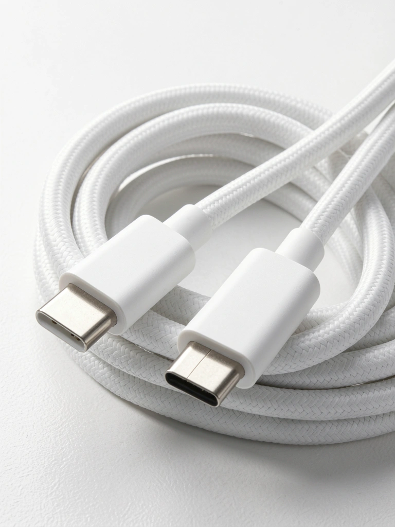 Cabo USB-C para USB-A branco com revestimento de tecido texturizado, enrolado sobre fundo branco, iluminação suave destacando a trama.
