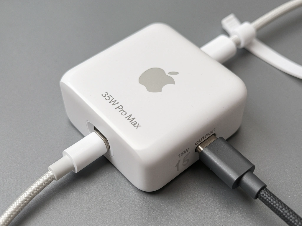 Carregador branco Apple 35W Pro Max com cabo USB-C trançado, sobre fundo cinza neutro com iluminação suave.
