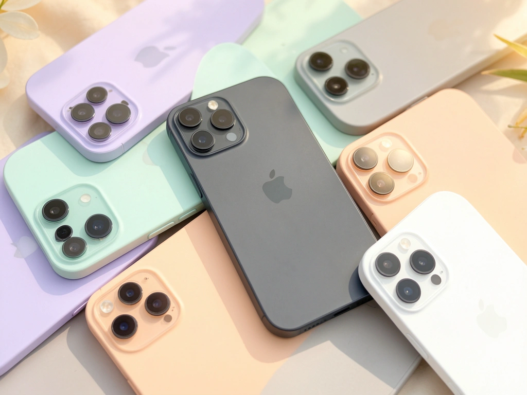 iPhone 14 Pro em lavanda, verde menta, pêssego, cinza claro e branco empilhados horizontalmente sobre fundo claro, com um modelo cinza escuro ao centro.