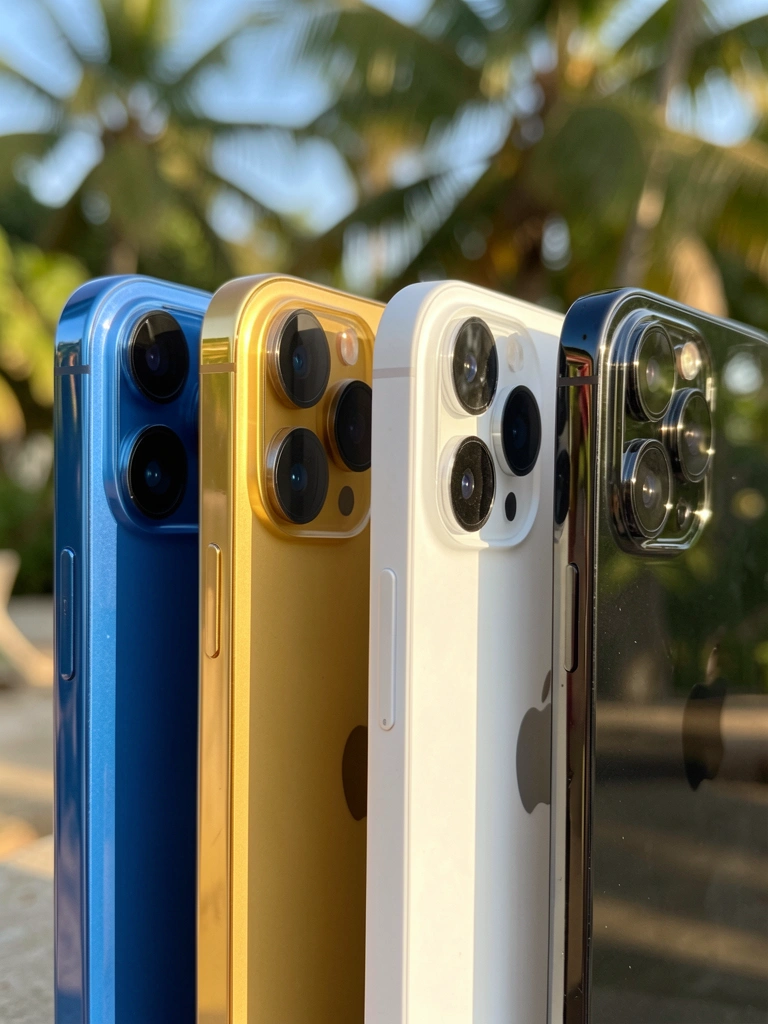 Quatro iPhones 15 Pro nas cores azul, dourado, branco e preto alinhados verticalmente, com lentes nítidas e reflexos sutis sob luz natural.