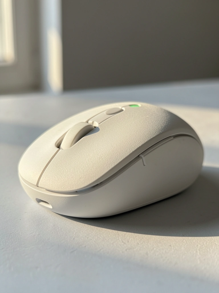 Mouse branco sem fio com acabamento fosco e textura sutil, indicador LED verde aceso, sobre superfície cinza-clara com iluminação difusa e fundo neutro desfocado.