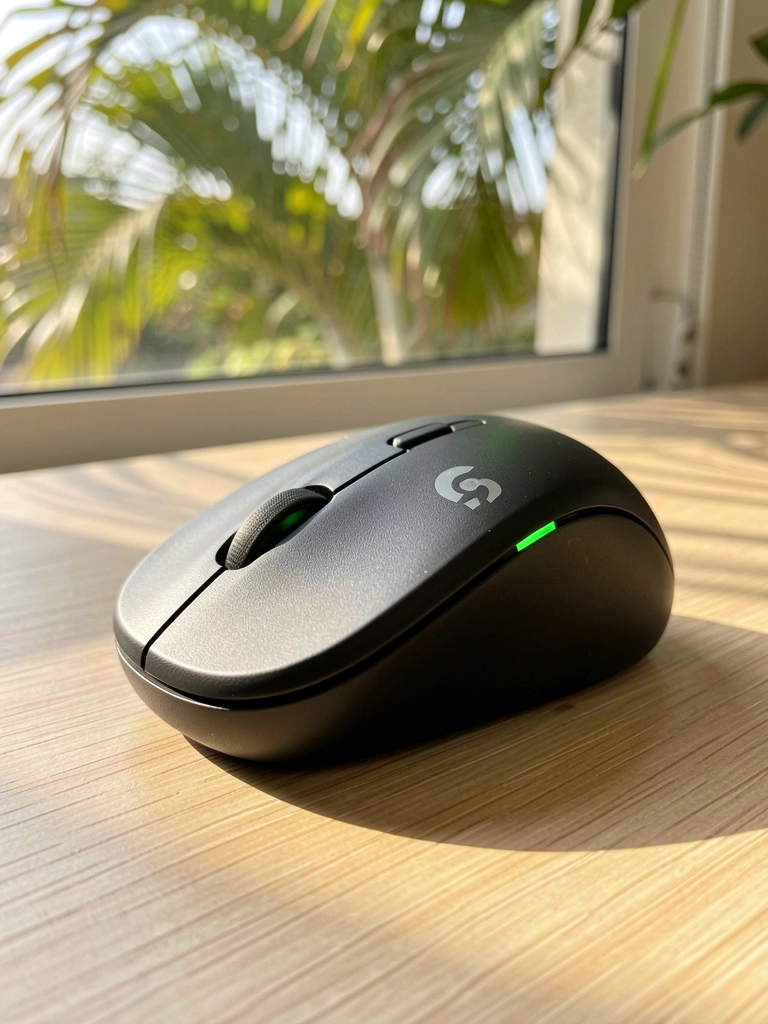 Mouse preto Logitech sobre superfície de madeira clara, com luz natural e detalhes macro do design ergonômico.