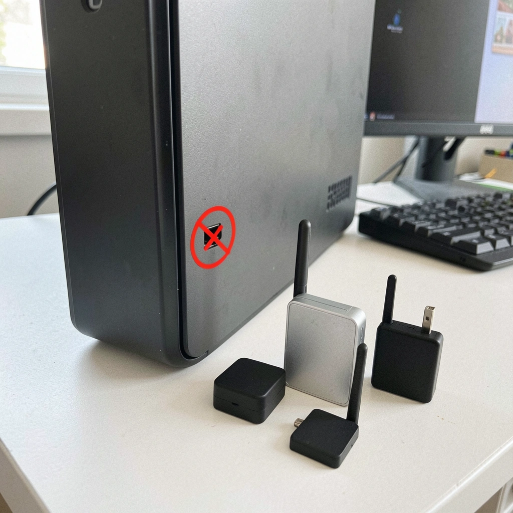 PC desktop com ícone de sinal Wi-Fi cortado sobre a torre, indicando falta de conectividade sem fio.