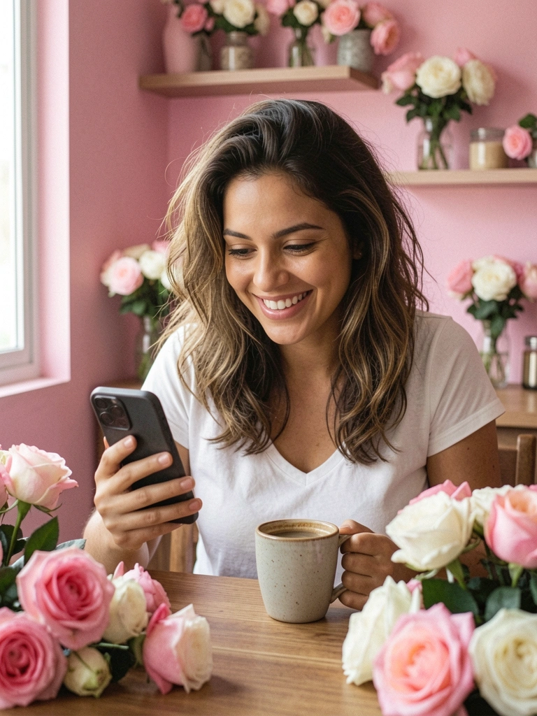 Pessoa sorridente lendo celular pela manhã com café