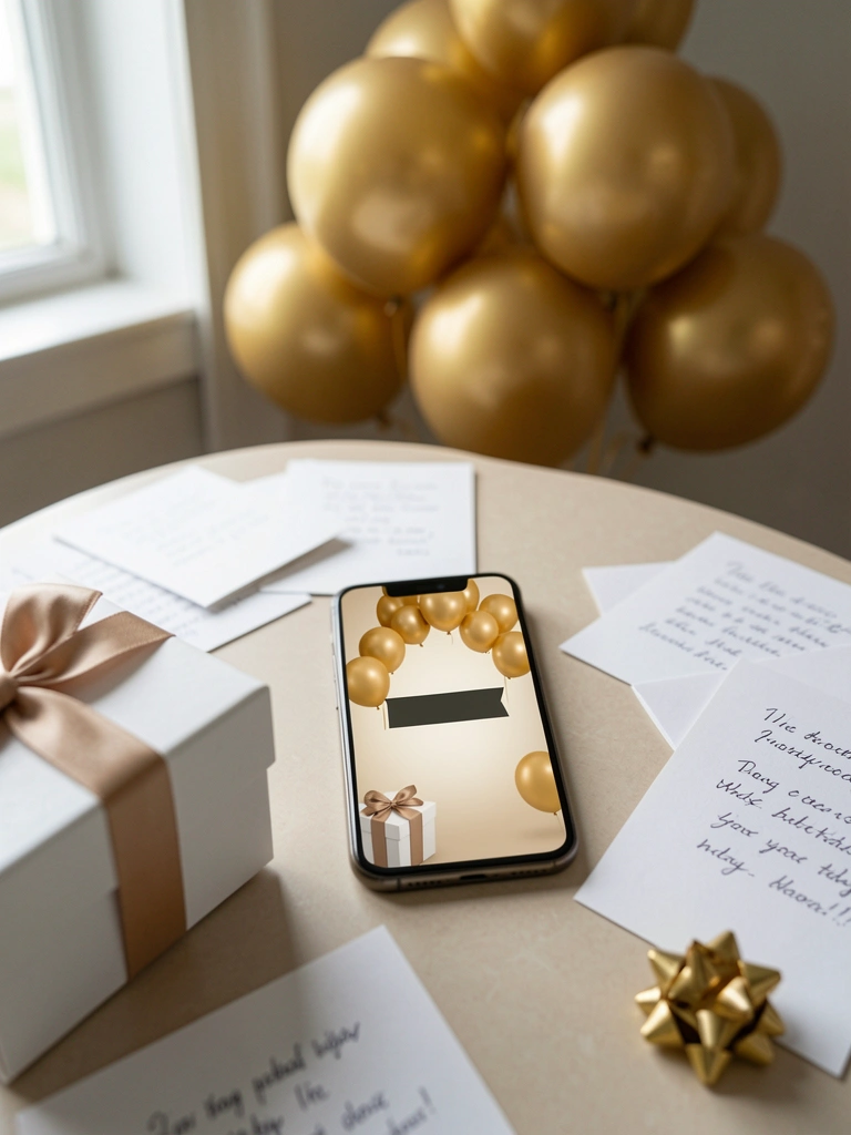 Celular sobre superfície clara exibindo mensagens de parabéns e decoração de aniversário ao fundo