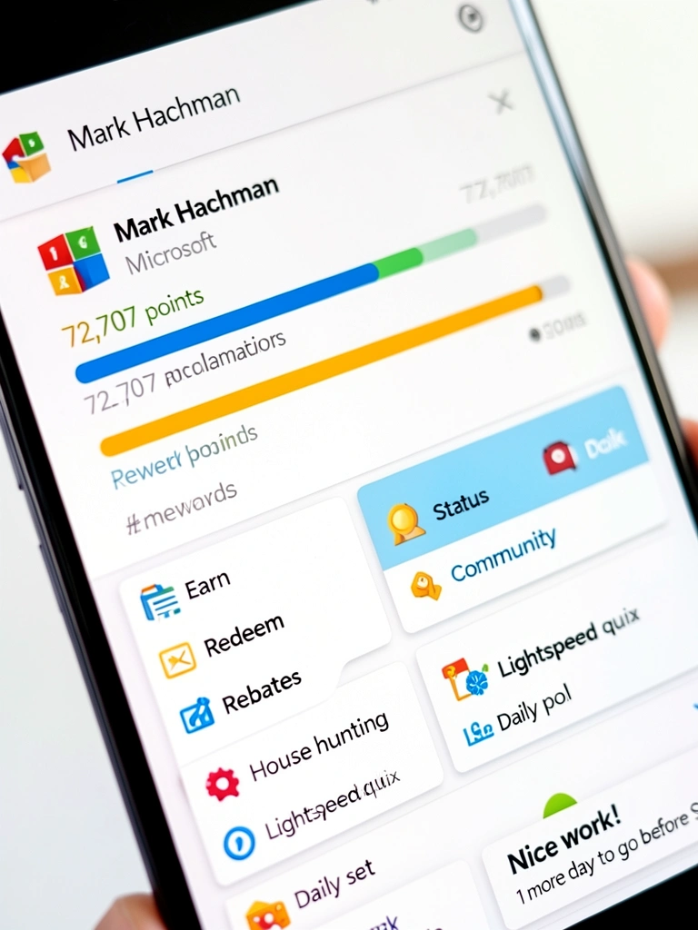 Interface do Microsoft Rewards com 72.707 pontos, barra de progresso e opções 