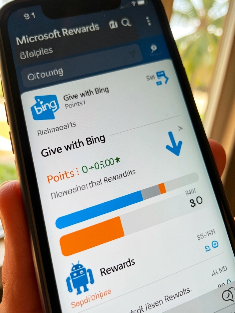 Tela de smartphone com interface do Microsoft Rewards, destaque para o logotipo azul da Bing, ícone de robô e seta para baixo, luz natural filtrada por janela.