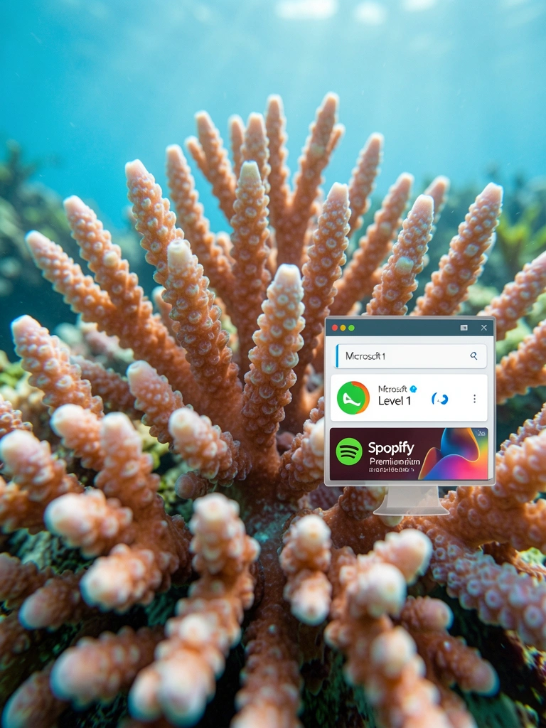 Recife de coral vibrante com formações ramificadas e janela sobreposta com interface da Microsoft e anúncio do Spotify Premium, luz difusa subaquática.