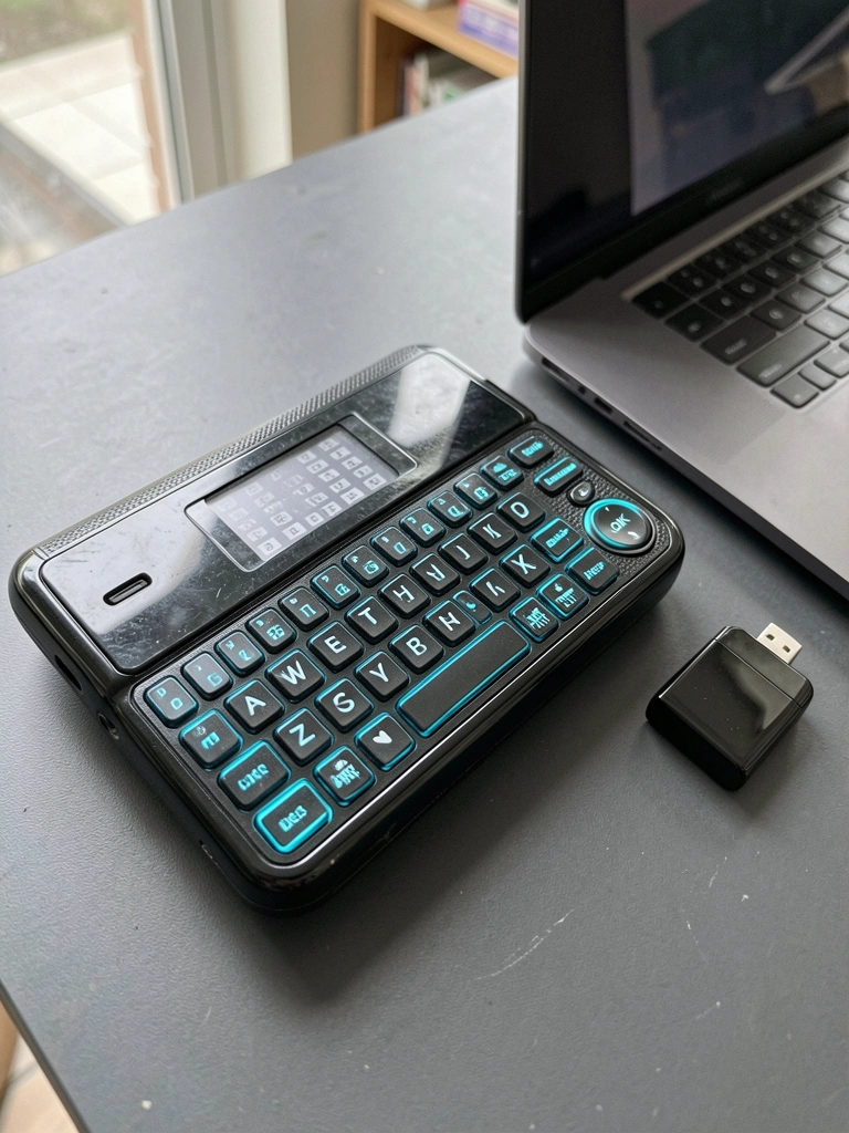 Mini teclado sem fio sobre mesa de madeira, ao lado de notebook e tablet