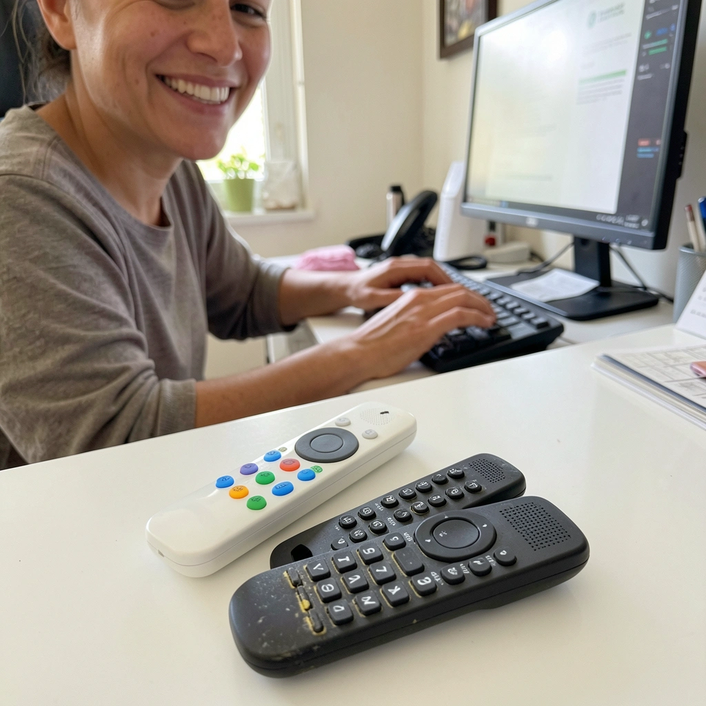 Pessoa digitando em teclado sem fio em mesa de home office com monitor ao fundo