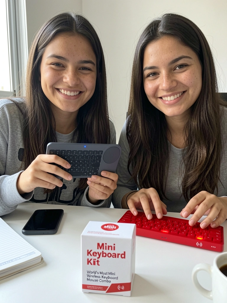 Estudante usando mini teclado sem fio em mesa com notebook e caderno