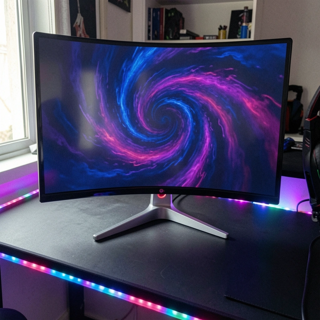 Monitor curvo de 34 polegadas sobre mesa gamer com iluminação RGB colorida.
