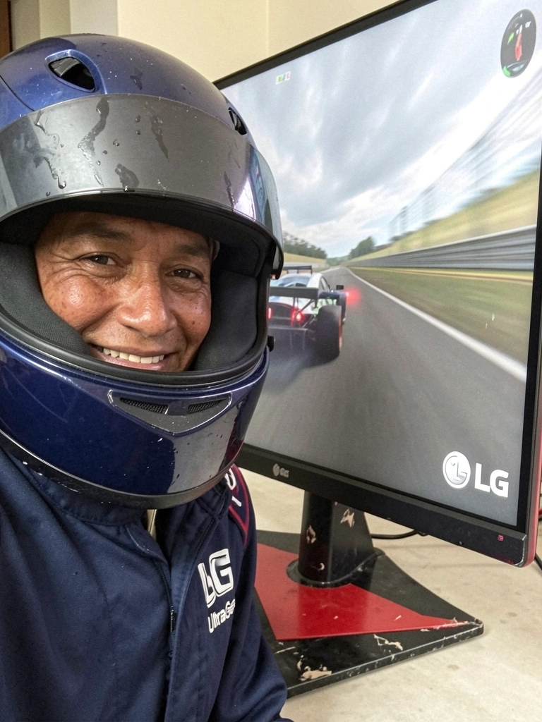 Jogador em simulador de corrida com monitor ultrawide curvo, volante e pedais, iluminação RGB no setup.
