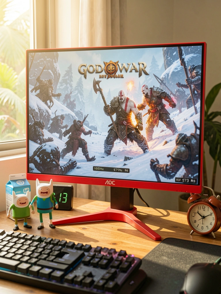 Monitor AOC de 24 polegadas com moldura vermelha exibindo God of War em cenário nevado, teclado gamer, boneco do Finn de Hora de Aventura, leite e despertador sobre mesa de madeira, luz natural entrando pela janela.