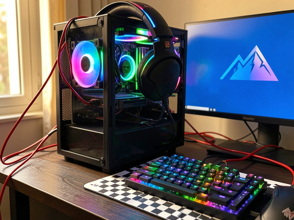 Gabinete preto com ventoinha circular azul e verde, teclado mecânico com teclas arco-íris e mousepad xadrez branco e preto, cabos vermelhos sobre mesa de madeira escura.