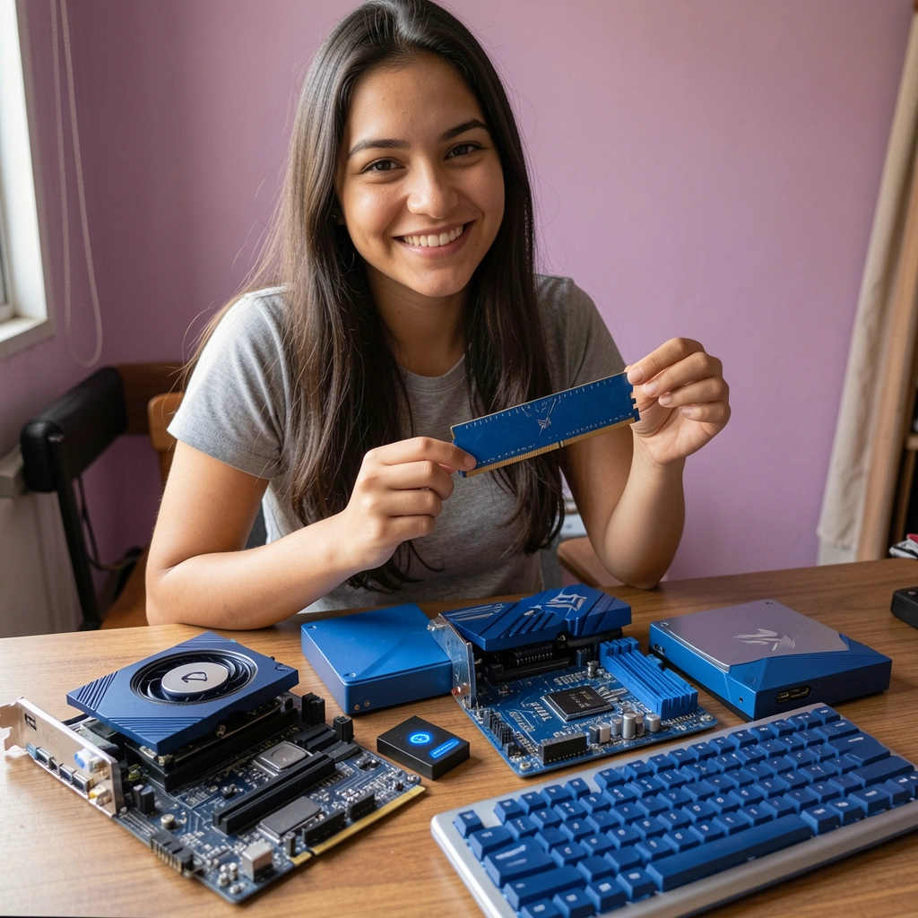 Pessoa organizando peças de computador sobre uma mesa iluminada.