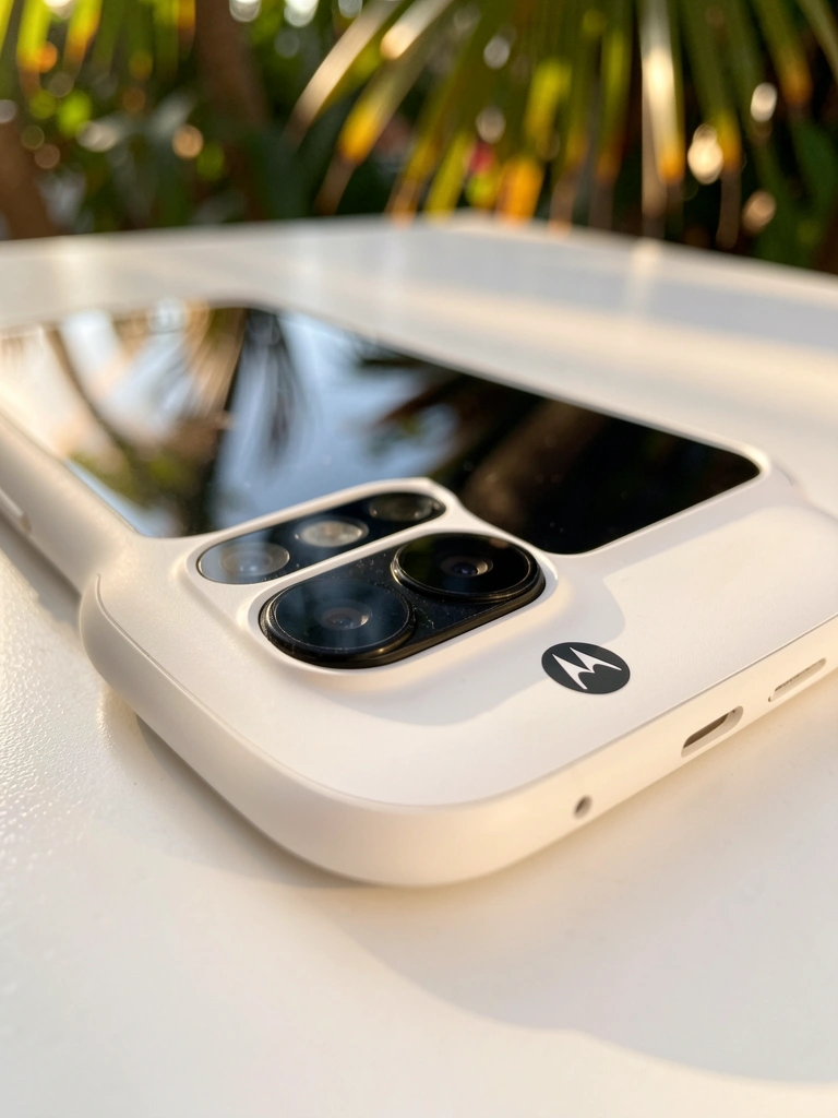 Smartphone Motorola Fusion+ branco com três lentes traseiras apoiado em superfície branca polida, com reflexos de luz natural e fundo com luz tropical.