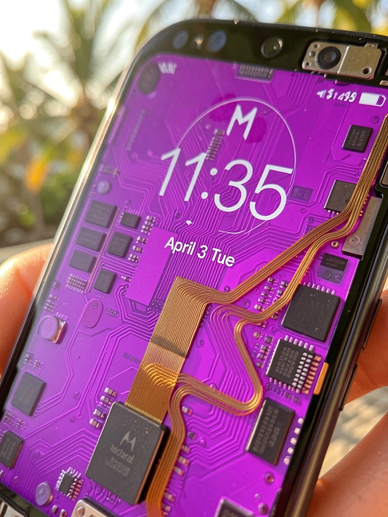 Close-up do display do Motorola One Fusion+ com gradiente roxo, cabos dourados e circuito interno, luz natural quente e fundo desfocado.