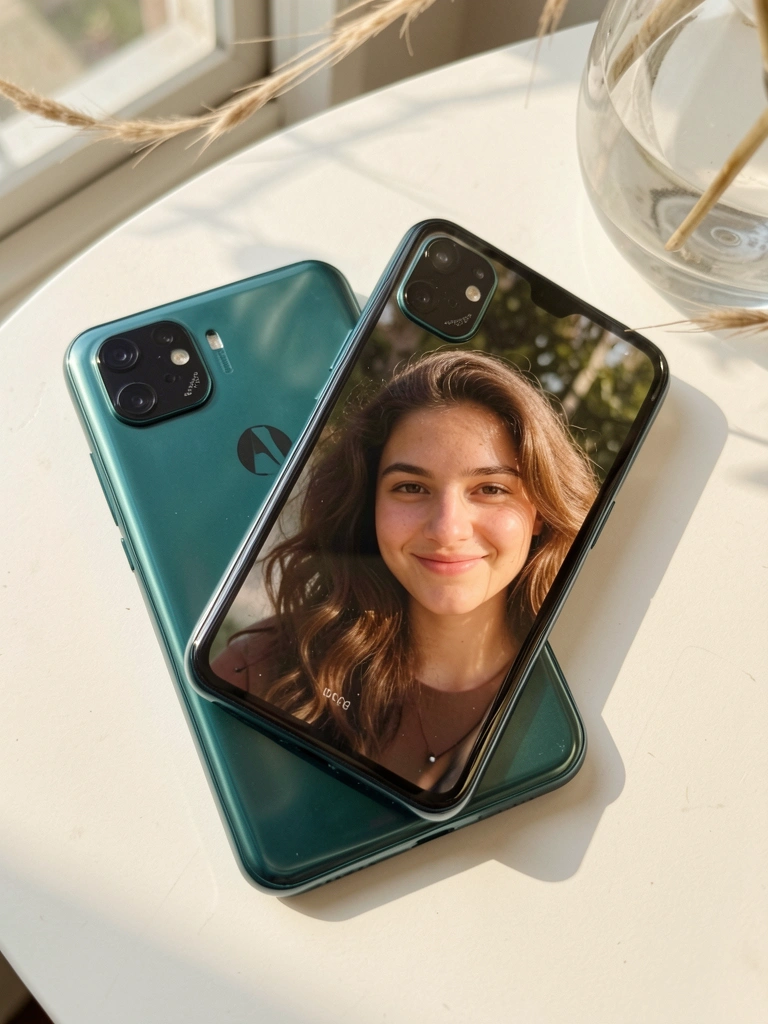 Smartphone Motorola One Fusion em teal escuro e transparente sobre superfície branca, com reflexo de mulher sorrindo na tela, luz natural e folhagem ao fundo.