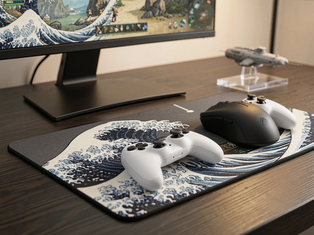 Close-up de mouse pad cinza escuro com ondas brancas em estilo Hokusai, mouse gamer preto, controle branco, monitor curvo com jogo e suporte acrílico com nave.