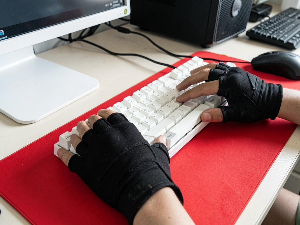 Mãos com luvas pretas sem dedos sobre teclado mecânico branco e mouse pad vermelho, com gabinete preto e monitor branco ao fundo, iluminação natural destacando texturas.