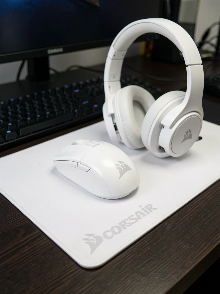 Mousepad, mouse e headset brancos da Corsair sobre mesa escura, com monitor e teclado ao fundo, iluminação suave destacando texturas.