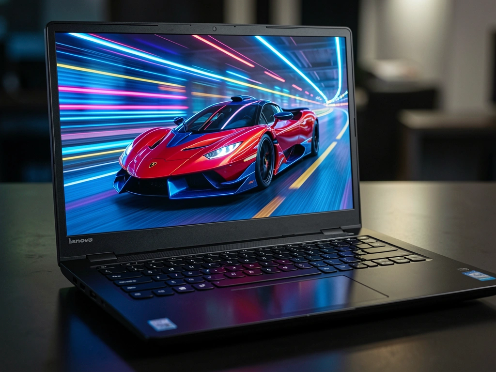 Notebook preto com tela exibindo Lamborghini Huayra em estrada neon, teclado detalhado e reflexo sutil na superfície escura.