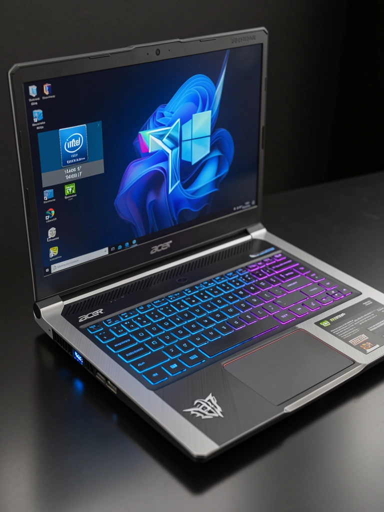 Teclado retroiluminado azul e roxo de notebook gamer Acer Predator preto e prateado, tela com logotipos Intel Core i7 e Windows 11, luz difusa destacando texturas metálicas e plásticas.