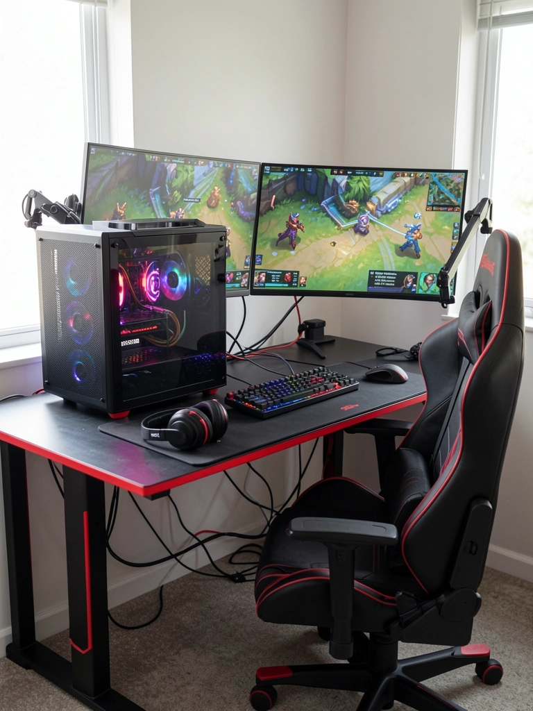 Gabinete Corsair preto com mesh frontal e LEDs RGB sobre mesa L preta com detalhes vermelhos, dois monitores curvos ultra-wide e teclado mecânico.