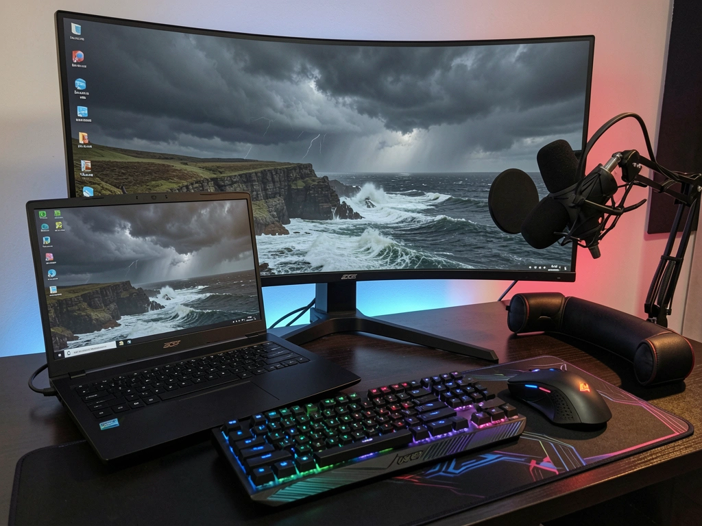 Setup gamer com laptop Acer Nitro V15 preto, monitor curvo com tela de mar tempestuoso, teclado RGB, microfone e suporte, iluminação ambiente com reflexos sutis.