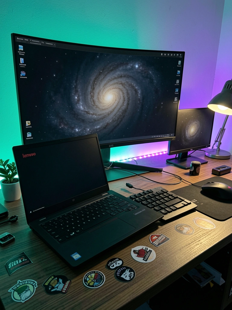 Lenovo LOQ laptop, monitor curvo grande e monitor menor sobre mesa de madeira, iluminados por luz LED roxa e teal atrás dos monitores, com teclado, mouse e vaso de planta.