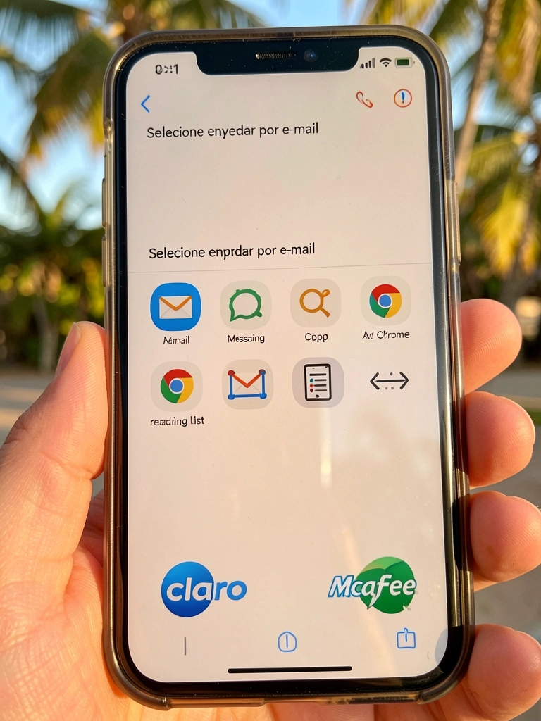 Smartphone moderno exibindo interface de e-mail com ícones de ação, logotipos Claro e McAfee, luz natural e fundo tropical.