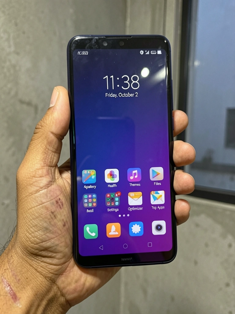 Mão segurando um smartphone com a tela ligada exibindo ícones de aplicativos.