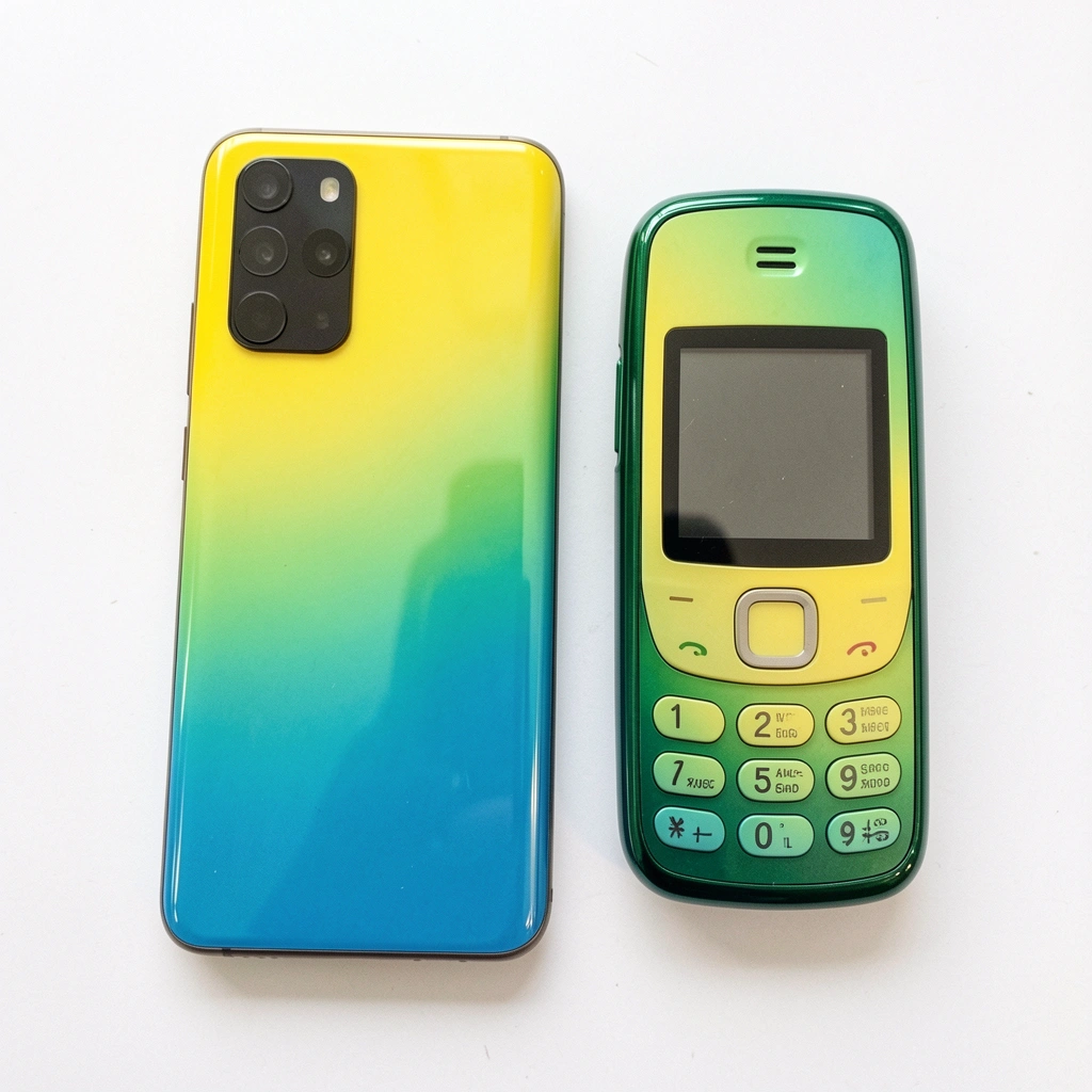 Smartphone e celular básico lado a lado sobre superfície clara.