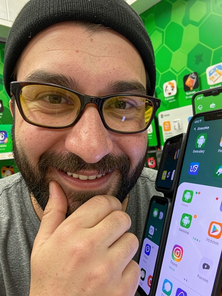 Ícones do Android e iOS sobrepostos ao fundo de uma loja de aplicativos.