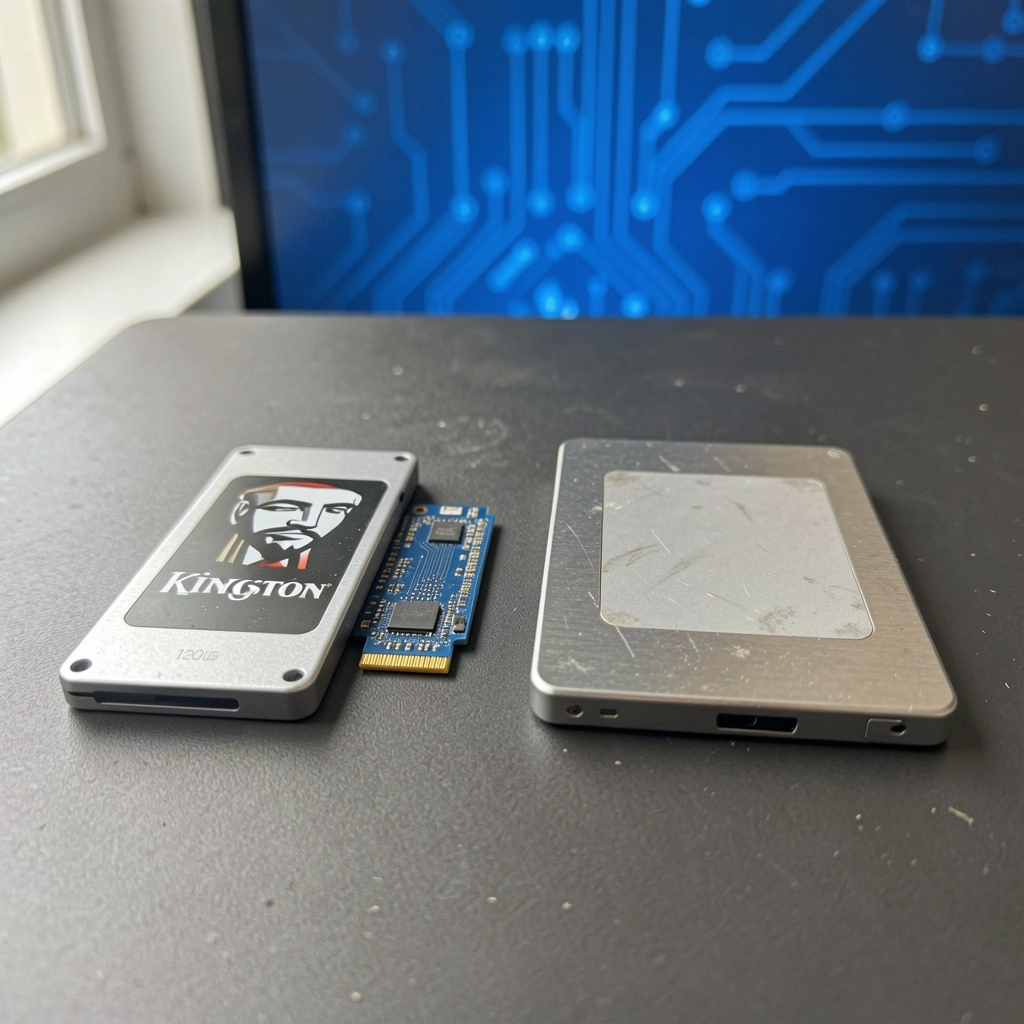 SSD M.2 e SATA lado a lado sobre fundo azul tecnológico
