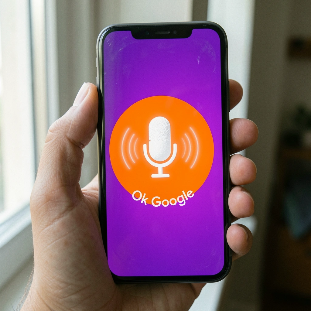 Smartphone com tela exibindo ícone de microfone e ondas sonoras ao redor.