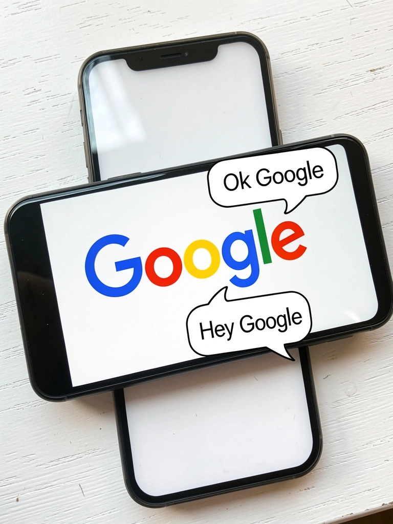 Dois balões de fala com os textos Ok Google e Hey Google.