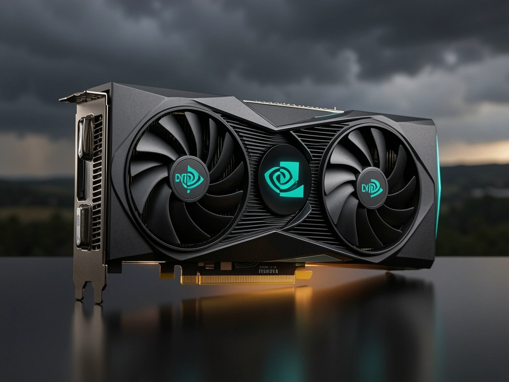 Placa de vídeo GeForce RTX 4090 sobre superfície preta refletiva, com ventoinhas detalhadas, logo teal e brilho suave vindo de baixo.