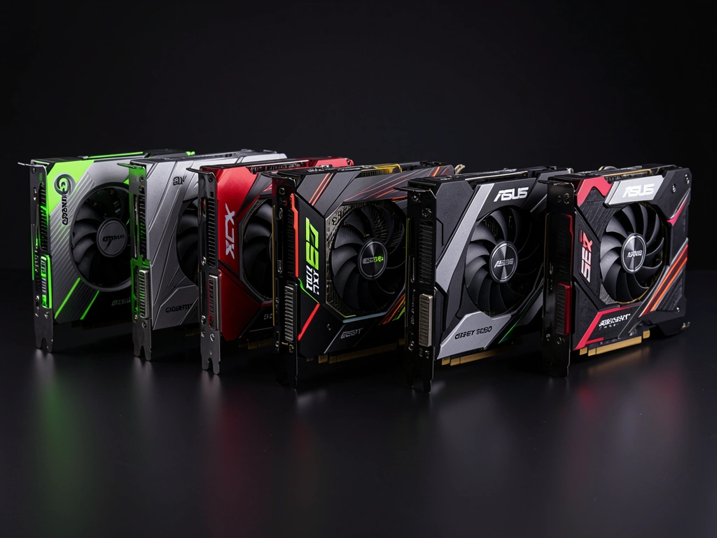 Sete placas de vídeo, incluindo RTX 5060 e RX 5800 XT, alinhadas sobre superfície escura e refletiva com iluminação sutil.