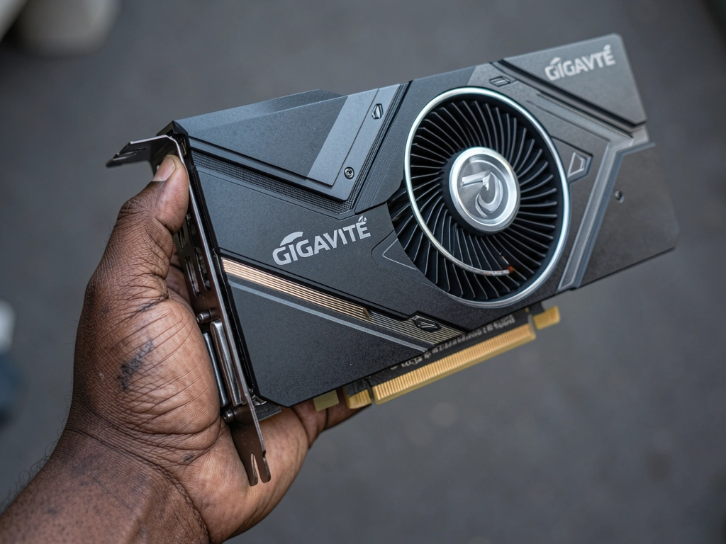 Placa de vídeo Gigabyte GeForce RTX 3080 Ti preta com detalhes metálicos e anel prateado no ventilador, segurada por mão negra com veias visíveis, fundo cinza desfocado e iluminação suave.