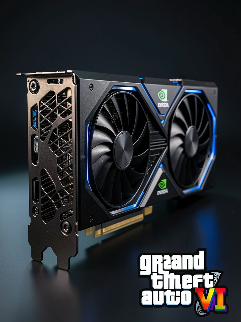 Placa NVIDIA RTX 3090 preta com sistema de resfriamento e ventoinhas, LEDs azuis acesos, sobre superfície escura refletiva, com texto