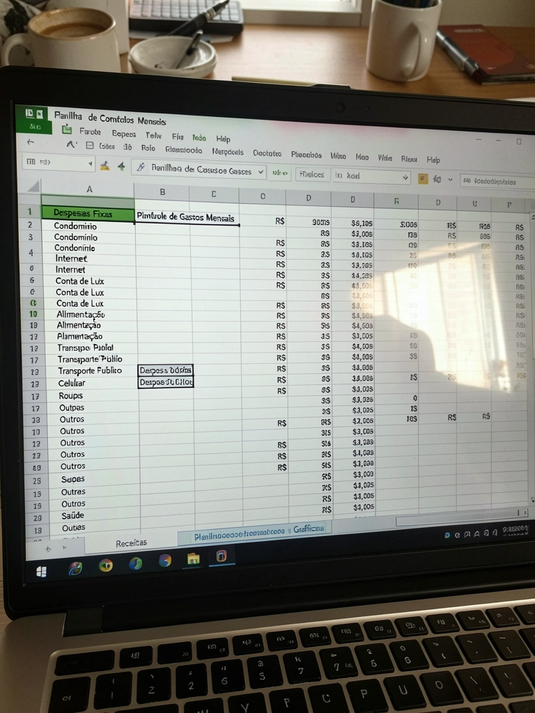 Planilha Excel com abas de receitas, despesas e gráficos abertas na tela do computador.