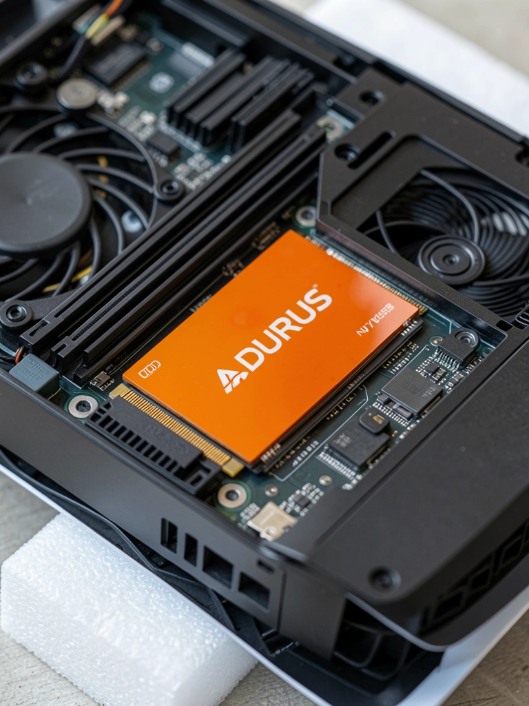 Close-up do interior de um PlayStation 5 aberto, com SSD laranja ADURUS NVMe instalado, dissipador de calor e ventoinha visíveis, iluminação natural suave.