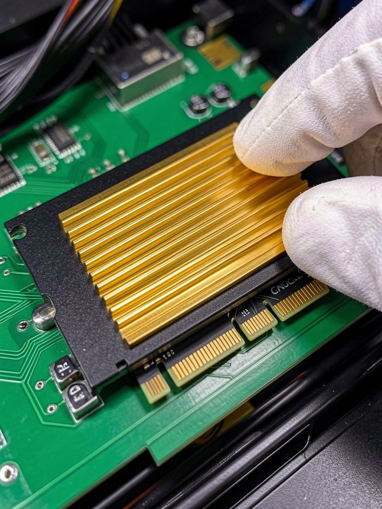 SSD Crucial P100 preto com dissipador de calor dourado e ranhuras horizontais em placa-mãe verde, mão enluvada tocando o topo, iluminação uniforme.