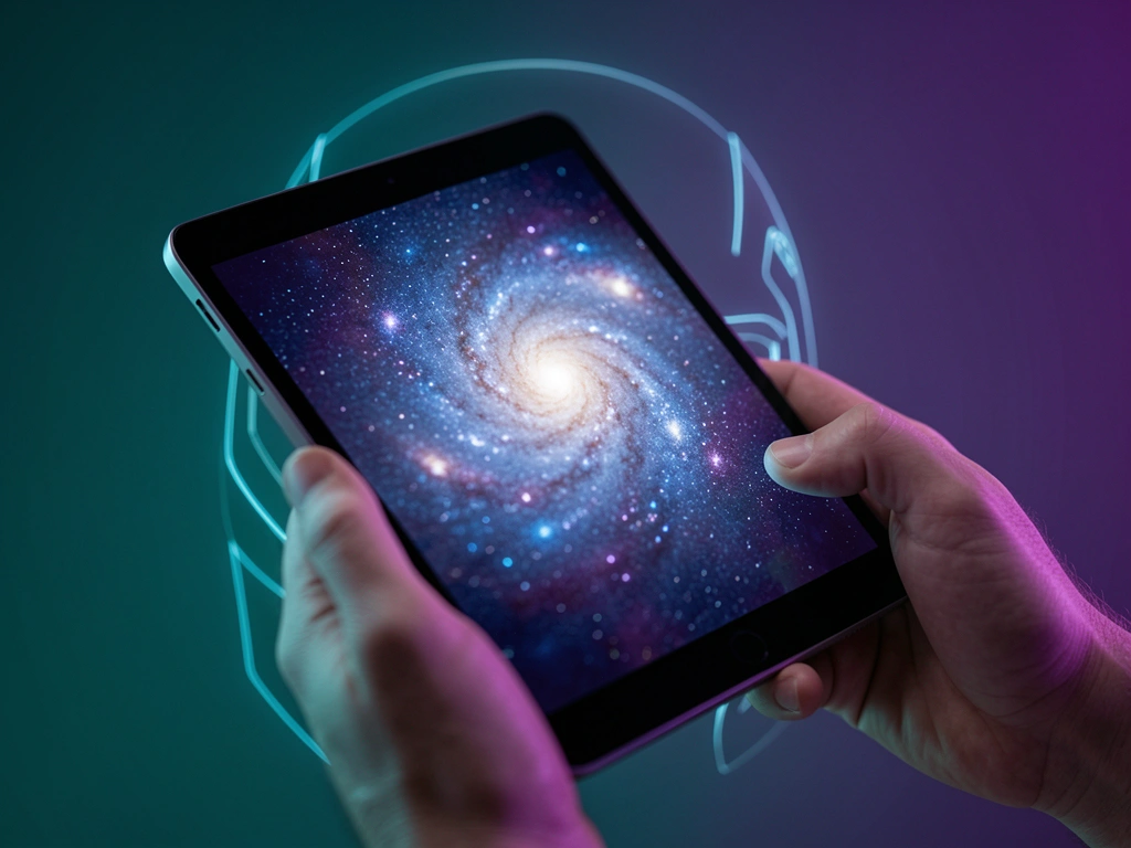 Mão segurando tablet futurista com nebulosa digital em azul, roxo e branco; fundo gradiente teal e roxo com linhas estilizadas de capacete.